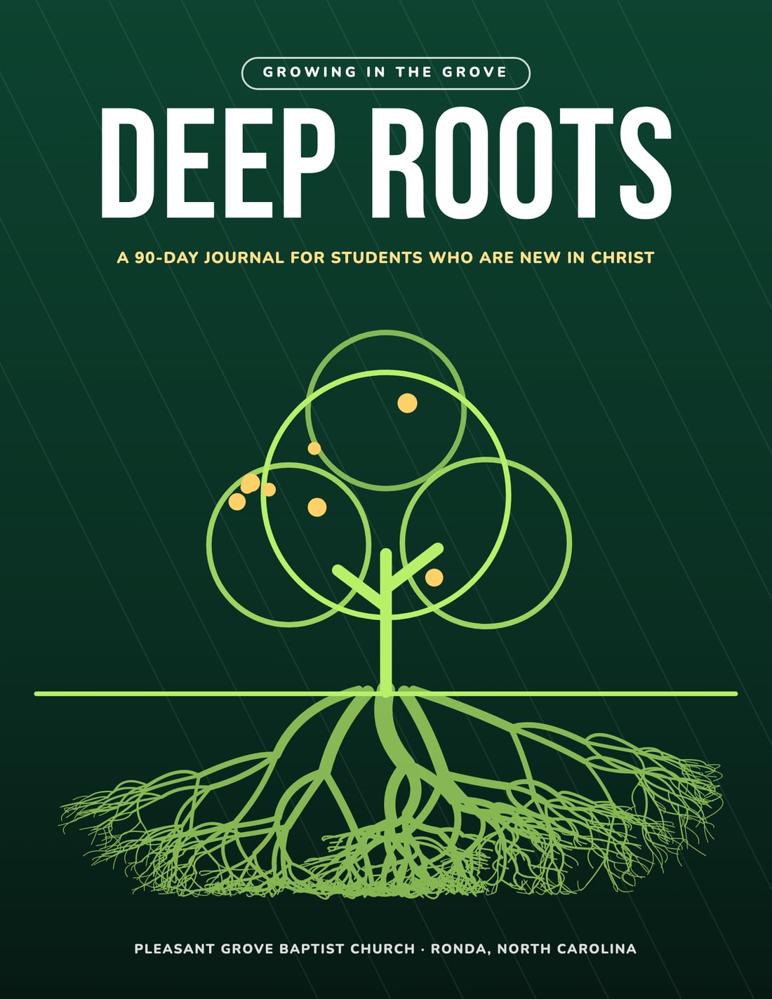 Cover of Deep Roots for students: a bright line drawing of a tree and its roots on dark green