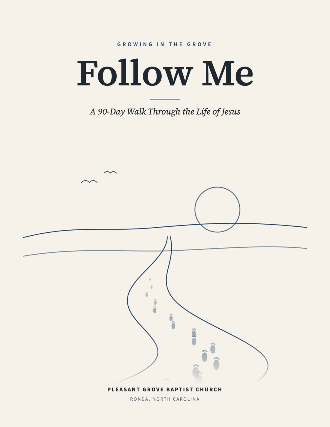 Cover of Follow Me for adults: a fine line drawing of a path winding toward the horizon
