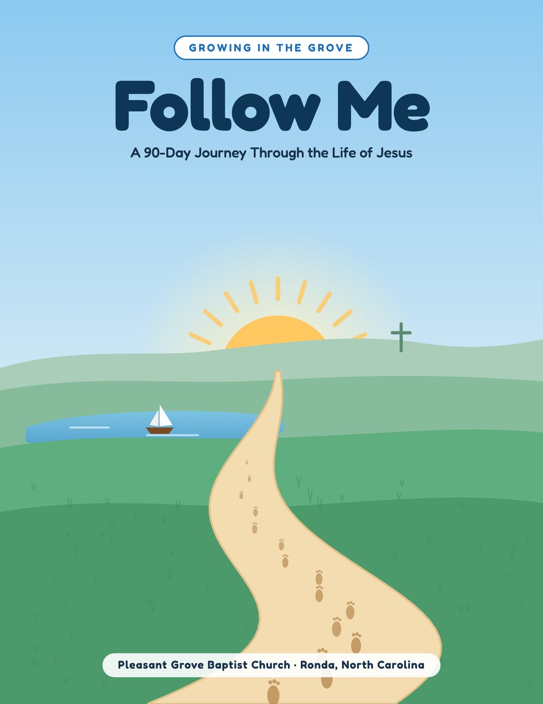 Cover of Follow Me: a trail of footprints leading toward a sunrise over the hills
