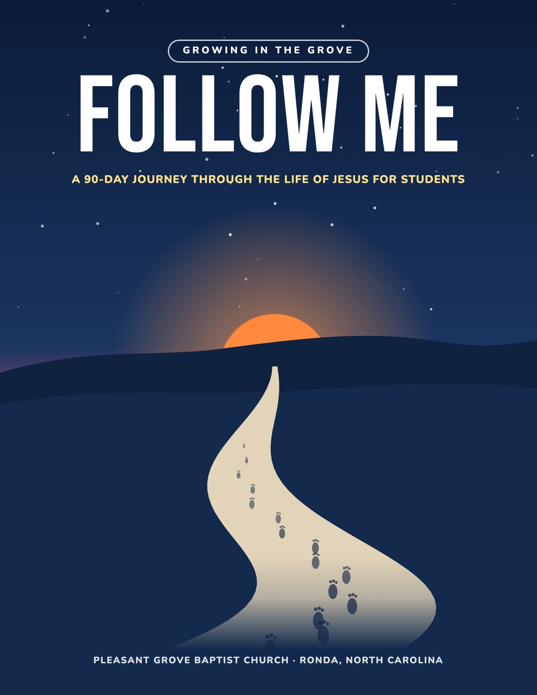 Cover of Follow Me for students: a trail of footprints leading toward a sunrise under a night sky